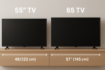 55 inch TV vs 65 inch TV size comparison side-by-side showing width measurements 48 inches and 57 inches on wall
