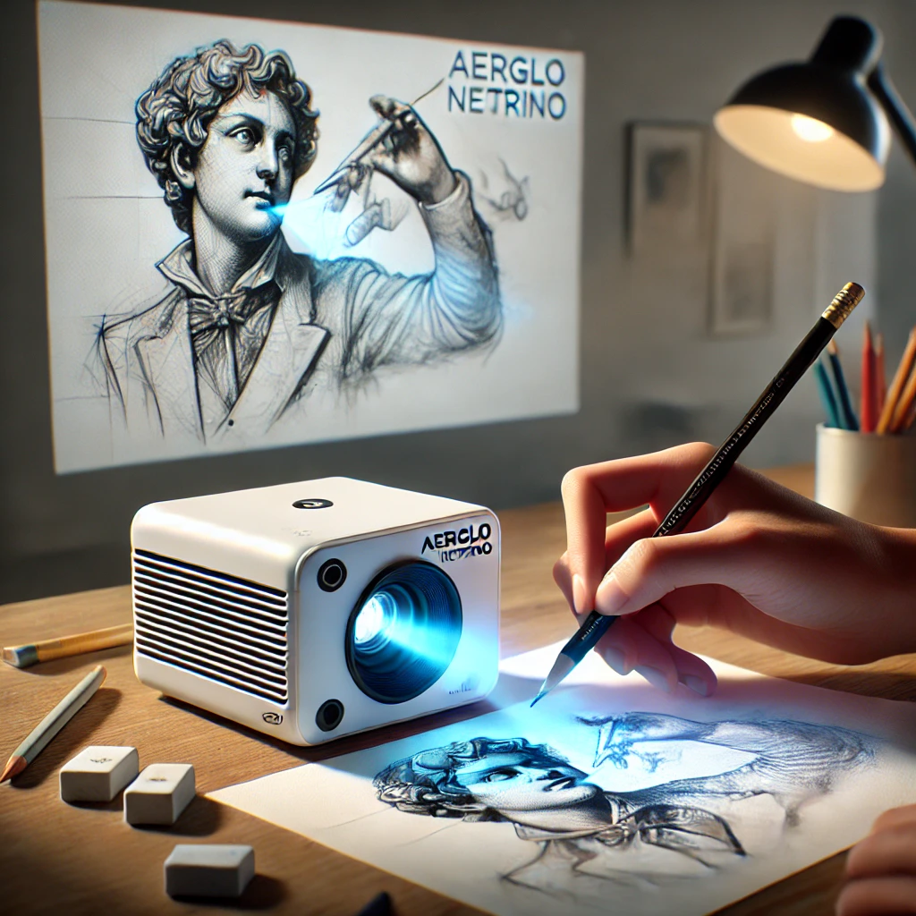 Aerglo Neutrino mini cube projector mounted on a tripod stand, projecting a clear drawing tutorial onto an A4 paper, with a person tracing the image. Ideal for learning how to draw, tracing, and creative projects with USB-C charging and portability.