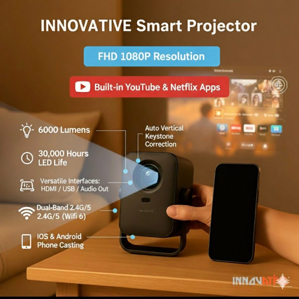 INNOVATIVE SkyFlip Home Cinema Projector with AI Auto Focus and 360” ADV Stand