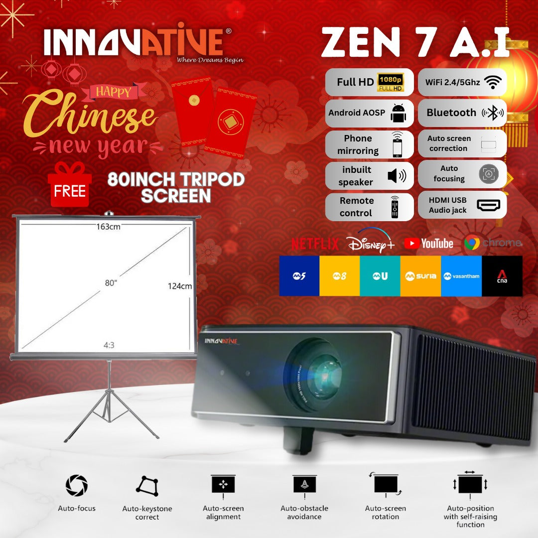 A.I Android Projector - ZEN 7 - FREE 80” Tripod Screen