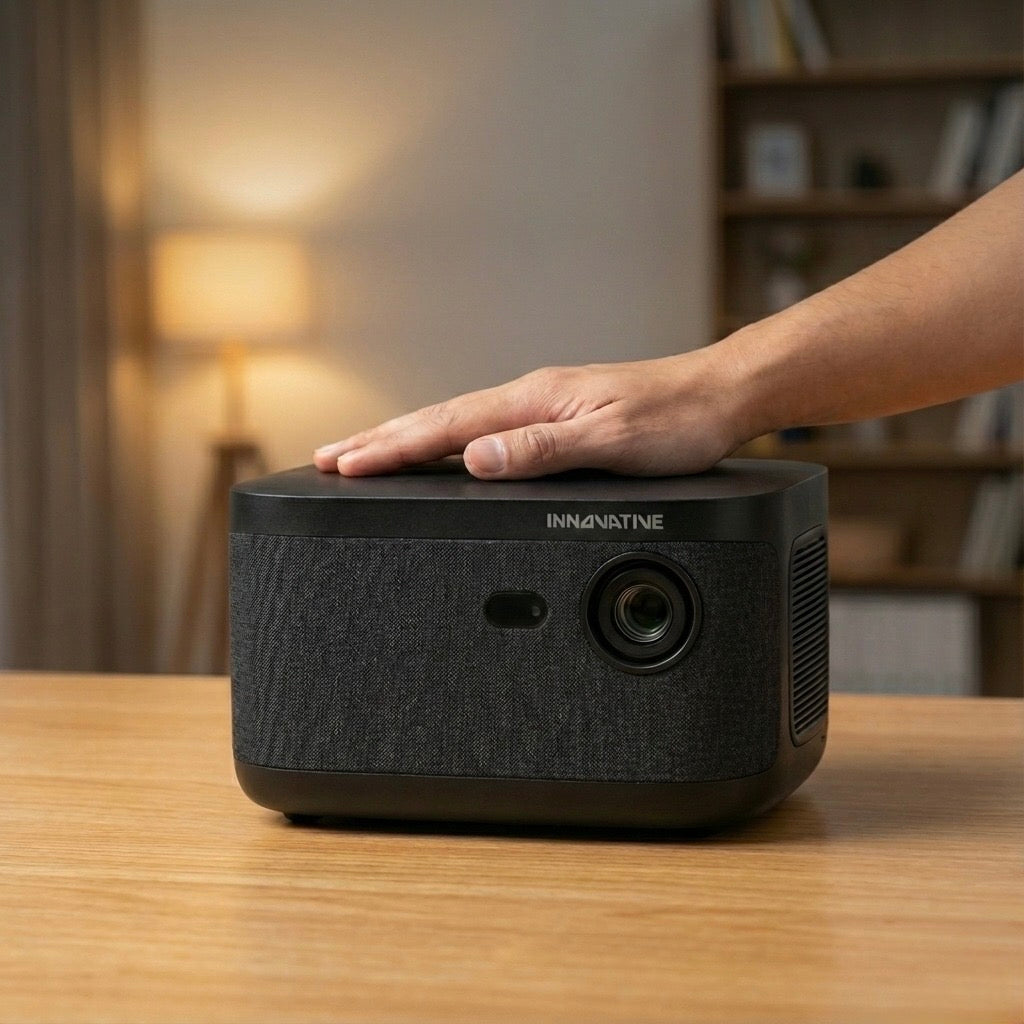 Black projector on a wooden table with a blurred indoor background