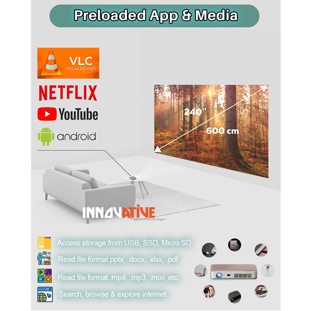 Battery Palm Size 3D Super Short Throw Home & Business Smart Projector - INNOVATIVE DS9 4k