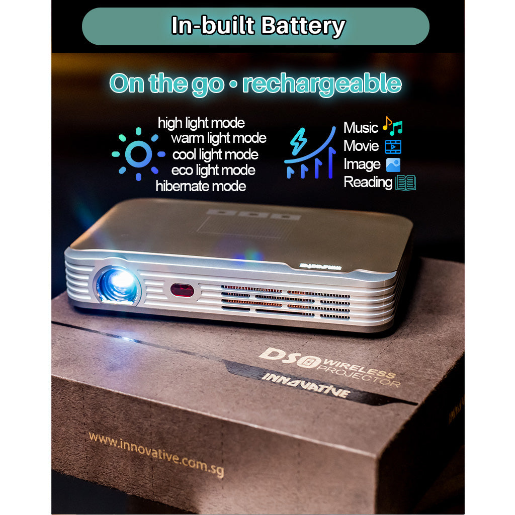 Portable Smart Mini Projector with inbuilt Battery, 3D & Ai Focus - Innovative DS9 4k
